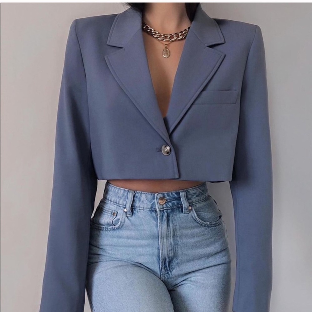 NWT ZARA Topstitched Cropped Blazer Blue M